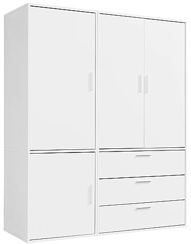 mokebo Kleiderschrank (150x187 cm) aus Holz in Weiß 4-türig & 3 Schubladen 'Der Grenzenlose' Schlafzimmerschrank modular & kombinierbar, Garderobenschrank, Flurschrank, Drehtürenschrank, Schrank