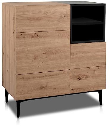 KHG Kommode klein mit 7 Fächern & 2 Drehtüren modern, aus Holzwerkstoff Holzoptik lackiert, Gestell & Akzente in schwarz - 80 x 90 x 42 cm (B/H/T)