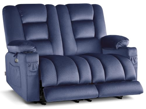 MCombo 155 ° Zero Gravity Electric Recliner Sofa, 2 Seater Massage Reclining Sofa Couch with Heat, Vibration Massage, USB Ports, Cup Holders for Living Room, Fabric PR648 (Navy Blue)
