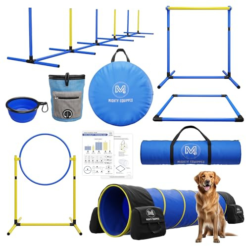 MIGHTY EQUIPPED Dog Agility Equipment - Portable Dog Agility Course Backyard Set with 9ft Dog Tunnel, Weave Poles, Hoop Dog Jumps, Collapsible Water Bowl & More - Dog Training Kit for Indoor & Outdoor