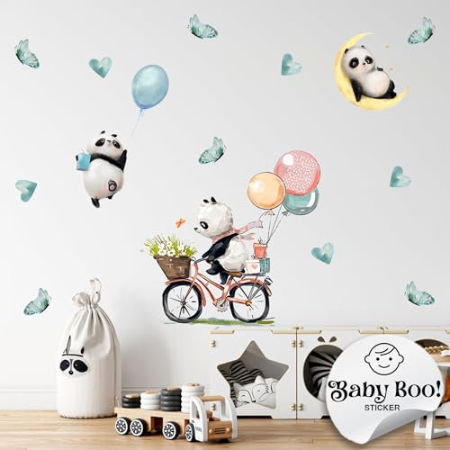 Baby Boo! Wandtattoo Kinderzimmer, Panda Bär mit Luftballon Fahrrad und Mond, Kinderzimmer Deko, Babyzimmer Deko, Wandsticker Kinderzimmer, Wandaufkleber Kinderzimmer, PVC, Wanddeko (90 x 30 cm)