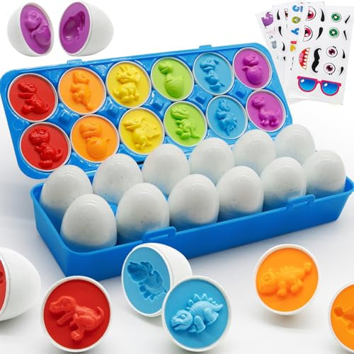 Wanonoo Dinosaur Matching Eggs for Toddlers Easter Toy Easter Gift for 1 2 3 Year Old Boy Girl, 12PCS Easter Eggs Preschool Educational Learning Color & Shape Recognition Montessori Toy Shape Sorter
