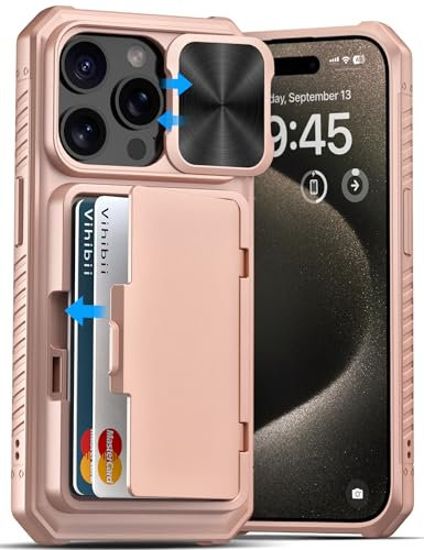 Vihibii for iPhone 15 Pro Case Wallet with Slide Camera Cover, Built-in Card Holder (4 Cards) & Kickstand, Heavy Duty Shockproof Rugged Phone Protective Case for iPhone 15 Pro 5G 6.1 2023, Rose Gold
