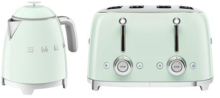 Smeg 50’s Style Retro Range Breakfast Set, 0.8L 1400W Mini Kettle and Multi-Functional Control 4-Slice 2000W Toaster, Pastel Green, KLF05PGUK/ TSF03PGUK