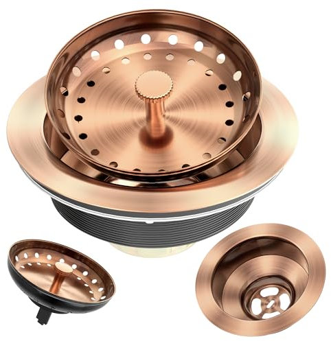 EXAKEY Kit de montaje de colador de drenaje de cocina de acero inoxidable de 3-1/2 pulgadas con cesta coladora y tapón de drenaje para desagües estándar de cobre antiguo