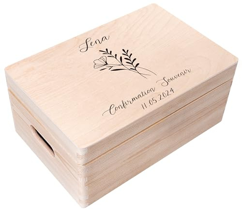Creative Deco Personalisiert Kommunion/Konfirmation/Jugendweihe Geschenke für Mädchen und Jungen - Holzkiste | Blumen Motiv | Individuelle Geschenk Erinnerungsbox | Konfirmation Erstkommunion Deko