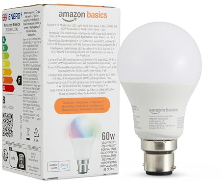 Amazon Basics Smart A60 Multicolor LED Light Bulb, B22 Base, 2.4GHz WiFi, 8W (60W Equivalent), Works with Alexa Only, 1pk