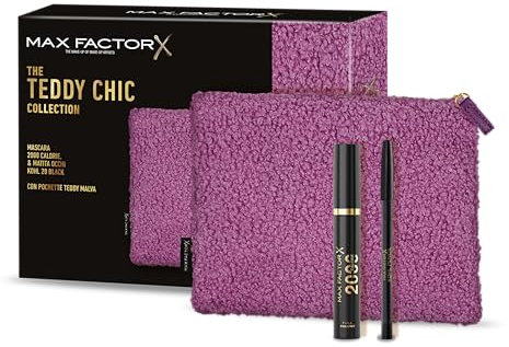 Max Factor, Cofanetto Regalo Donna The Teddy Chic Collection, Pochette in morbido tessuto teddy con Mascara 2000 Calorie Black + Matita Occhi Kohl Pencil 020 Black