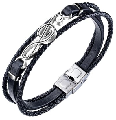 HIJONES Herren Musiknote Kette aus Rostfreier Stahl Lederarmband Hip-Hop Classic Coolness Schmuck