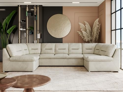 MKS MEBLE Wohnlandschaft COMODO U XXL – Sofa U-Form mit Schlaffunktion & Bettkasten, Schlafsofa mit Stauraum, freistehende Wohnzimmer Couch Ecksofa Polsterecke - Beige Velvet | inkl. T25 Topper