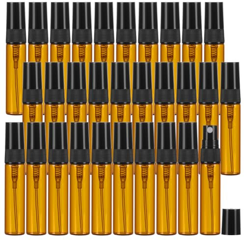 BENECREAT 30pcs 5ml Mini Amber Glass Spray Bottle, Refillable Fine Mist Sample Bottle Small Travel Spray Bottle for Perfume, Liquid Cosmetics, Essential Oils