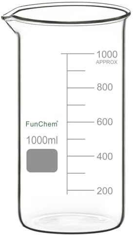 FunChem Vaso medidor de vidrio, 1 unidad, vidrio de borosilicato de alto grado, graduado, vaso alto con pico vertedor, vaso de laboratorio, 1000 ml