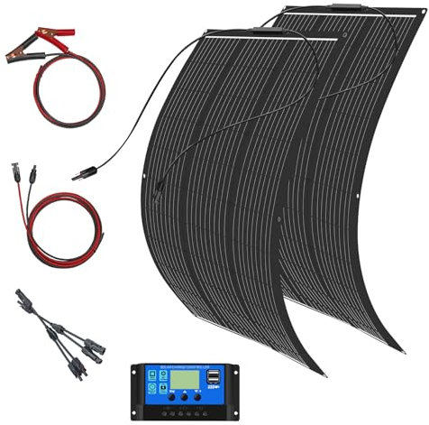 Kit 2×100W ETFE Panneau Solaire Flexible ETFE 200W kit panneau Solaire Module Photovoltaïque Système Solaire, contrôleur Solaire 20A, pour système insulaire/camping extérieur/jardin/balcon