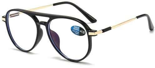 ABETOS Pilot Occhiali da lettura da uomo e donna, filtro luce blu, stile retrò, alla moda, da pilota, con aiuto per la lettura, con bordo pieno, nero lucido, 1