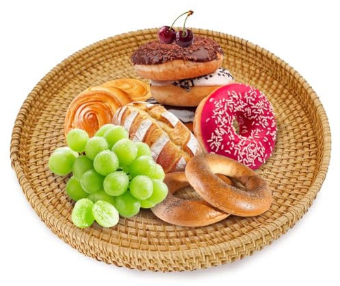 DUJUIKE Rundes Rattan Tablett, Natürliches Honigfarbenes Handgeflochtenes Dekoratives Korbtablett, Leichtes Tablett zum Servieren von Brot, Obst, Aufbewahrung und Dekoration(Natürlich, S(24cm))