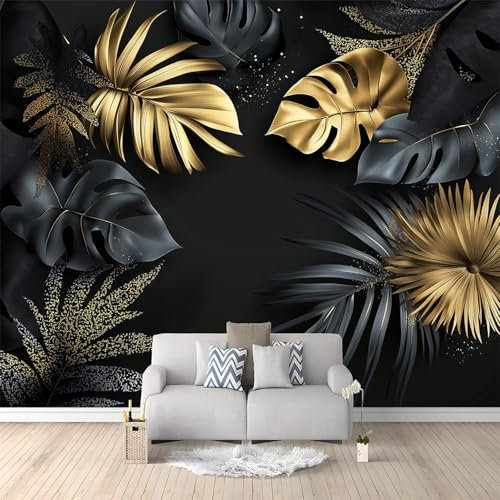 Modern Art Simple Wallpaper Mural Black Gold Indoor Wallpaper Murals Decoration Murals 3D Tropical Leaves Wall Decoration for Bedroom Living Room Home Decoration 250 X 175 Cm