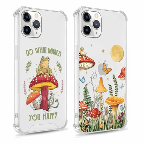 Yomjew 2 Pack Clear Floral Phone Case for iPhone 11 Pro Max 6.5 inches, Cute Butterfly Frog Mushrooms Pattern Case Protective Soft Slim Shockproof Silicone TPU Yellow-Resistant Cover for Girls Woman