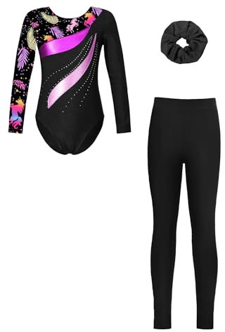 Fldy 3er Mädchen Turnanzug Langarm Mit Hose Lang Kinder Beduckte Gymnastik Body Leggings Und Haargummi Wettkampf Tanzkleidung Schwarz 134-140