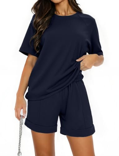 Totatuit Damen Sport Outfit Set, Kurzarm Rundhalsausschnitt Tracksuit + Elastische Gym Jogginghose