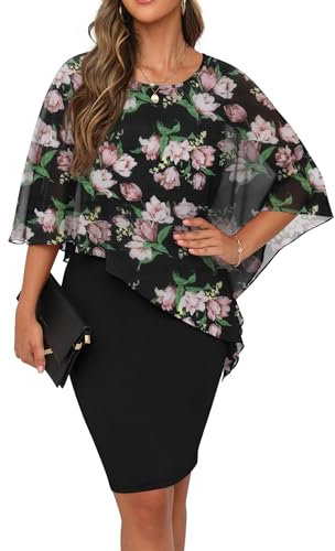 QIXING Womens Summer Casual Dress Loose Batwing Sleeve Crew Neck Chiffon Cape Elegant Midi Cocktail Pencil Dresses for Women UK for Funeral Party Wedding(Black Kapok, XL)