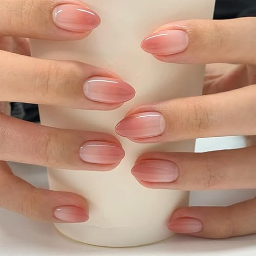 Lot de 24 faux ongles courts en amande à coller - Dégradé de couleur - Couverture complète - Ongles artificiels simples - Pointe française à presser - Accessoires de manucure