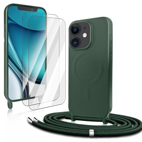 Magnetische Handyband kompatibel mit iPhone 12/12 Pro Hülle mit Band, Grün | CaseLover Silikon Necklace Handyhülle mit Band, mit 2 Stück Schutzfolie, zum Umhängen Case mit Kordel, Stoßfest Schutzhülle