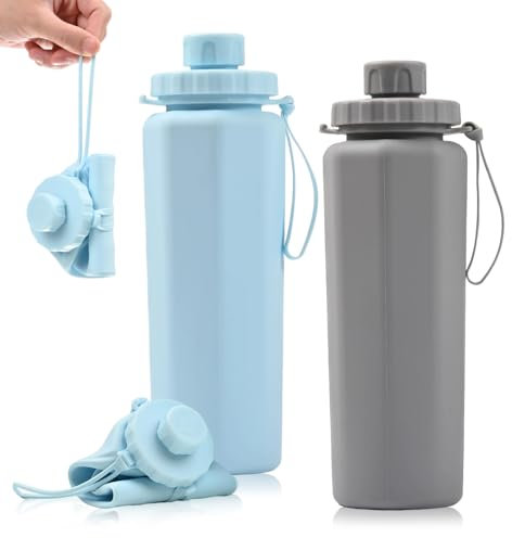 SGZIOO 2PCS Collapsible Water Bottle, 600ml Foldable Water Bottle, BPA Free Folding Water Bottles Silicone, Reusable, Lightweight, Leakproof for Travel, Gym, Hiking, Camping