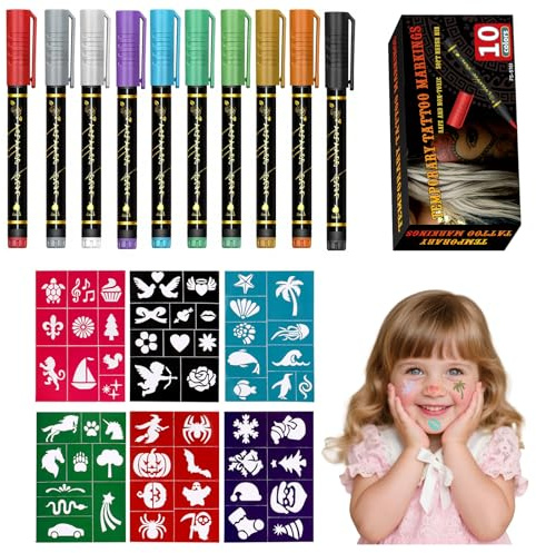 Werownsgso 10 Farben Tattoo Stifte Kinder mit 56 Tattoo Schablonen Temporäre Tattoos Marker für Erwachsene und Kinder Glitzer Tattoostifte Set Wasserfest Hautfreundlich für Halloween Fasching Karneval
