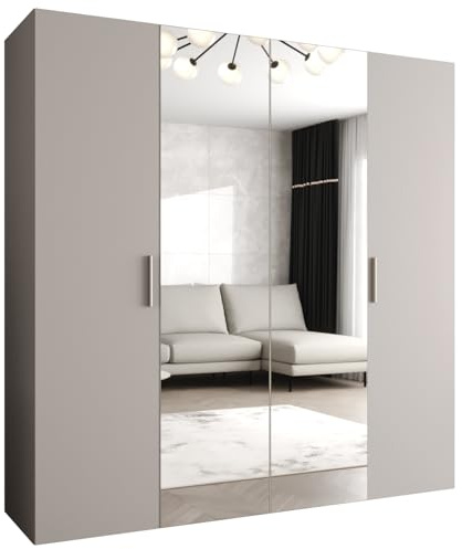 MEBLE KRYSPOL - Kleiderschrank - Garderobenschrank - 200 cm x 202 x 52 cm - Schrank mit Kleiderstange und Spiegel, 4 Türen - für Schlafzimmer, Flur - BARI, Kaschmir, Griff Silber