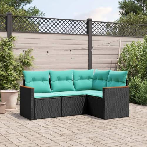 QUAHEAS 4-teiliges Gartensofa-Set, schwarzes Polyrattan, mit blauen Kissen, modulares Design, UV-beständig, wetterfest für Terrasse und Garten, robuste Stahlrahmenkonstruktion