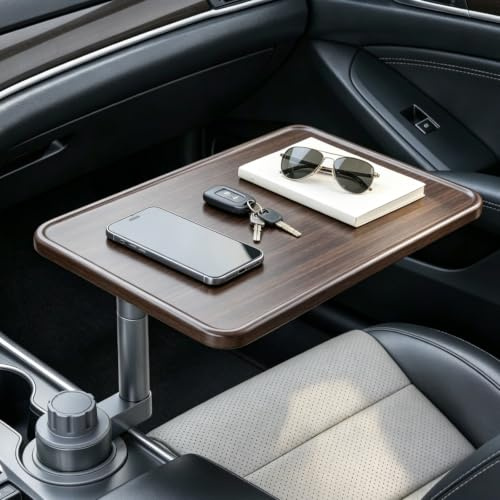 Table d'ordinateur Portable de Voiture rotative à 360° avec Porte-gobelet, Support d'ordinateur Portable en Bois pour l'intérieur du véhicule, Table de Voiture Multifonction et Plateau de Rangement