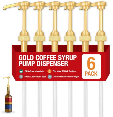 Lot de 6 pompes à sirop Torani, Davinci et Jordan Gold de qualité supérieure Convient aux bouteilles de 750 ml Idéal pour les sirops de café, les cônes de neige, les arômes et plus encore Pas