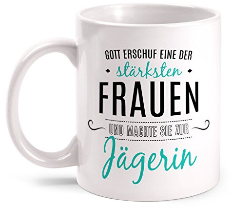 Fashionalarm Tasse Gott erschuf Jägerin beidseitig bedruckt mit Spruch | Geschenk Idee Berufsjägerin Jagd Sport Jagen Beruf Arbeit Hobby Freizeit, Farbe:weiß