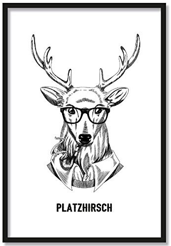 JUNIWORDS Poster mit/ohne Holzrahmen - Wähle ein Motiv - Platzhirsch - Wähle eine Größe - 30 x 40 cm (M) mit Rahmen in Natur