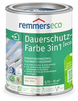 Remmers Vernice ad olio eco bianco crema, 0,75 litri, pittura ecologica a base d'acqua per legno all'interno e all'esterno, 3 vernici ecologiche in uno, fondo isolante e intermedio e finitura