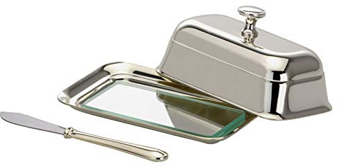 H.Bauer jun. eckige schmale versilberte Butterdose 13.5 x 8 cm mit Glas-Einsatz & Buttermesser