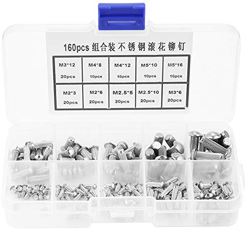 M5 Solid Rivets DIY Fasteners Assortment Knurled Shanks Heavy Duty Metal Repair Kit with 160 Stainless Steel Round Head Rivets for Auto Boat Home Handmade Projects