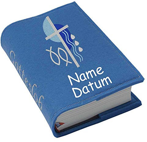 Gotteslob Gotteslobhülle Hülle Kreuz 2 blau Filz mit Namen bestickt Einband Umschlag personalisierte Gesangbuchhülle, Farbe:blau