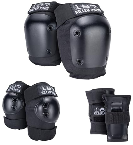 187 Killer Pads Six Pack Pad Set, Protective Gear for Elbows, Knees, and Wrists - Ideal for Skateboarding, Roller Skating, and Inline Skating (Black, Large-X-Large)