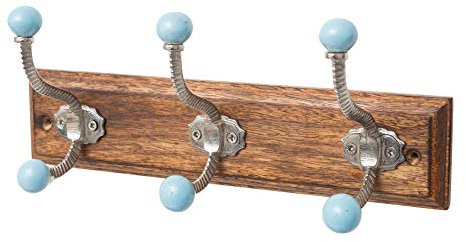 Knober Garderobenleiste Teak Holz massiv Kleiderhaken Gusseisen Haken Garderobenhaken Rustikal Antik Shabby (8. Garderobenleiste 3 Haken)