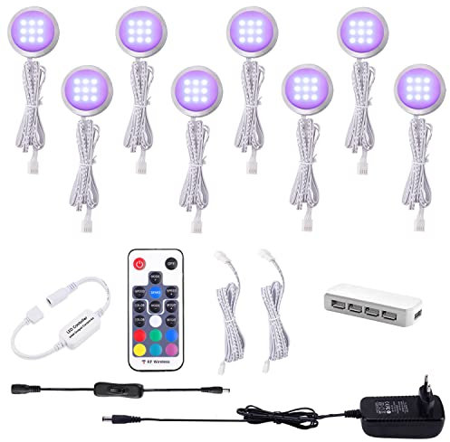 AIBOO RGB LED Schrankbeleuchtung 8er Set, 12V LED Unterbauleuchte Farbwechsel mit Fernbedienung, Dimmbar RGB Vitrinenbeleuchtung LED für die Beleuchtung von Küchenschränken