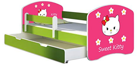 ACMA Kinderbett Jugendbett mit Einer Schublade und Matratze Grün mit Rausfallschutz Lattenrost II 140x70 160x80 180x80 (16 Sweet Kitty 2, 180x80 + Bettkasten)