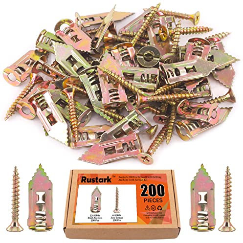 Rustark, set di 100 ancoraggi per cartongesso in acciaio autoforanti con viti zincate, ganci di ancoraggio a parete, senza fori o fori nella parete, fino a 29.9 kg