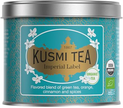 Kusmi Tea - Label Impérial Bio - Mélange Aromatisé de Thé Vert Bio, Orange, Cannelle et Épices - Thé Vert Aromatisé - Boîte Thé Métal 100g - Quantité pour environ 50 Tasses