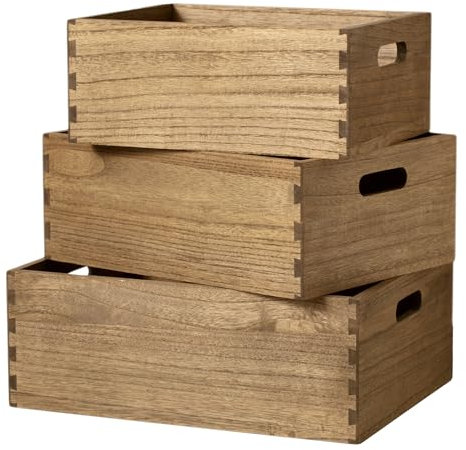 KIRIGEN Nesting Wooden Crates with Portable Handles for Home Organizer - Wood Rustic Decor Farmhouse Boxes / Basket Rolling Trays set of 3 Dark Brown