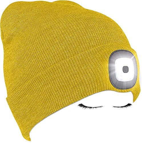 Morye LED Mütze mit Licht, Laufmütze Herren Damen Kappe Lampe USB Nachladbare 4 LED Scheinwerferkappe für Warm Cap mit LED Licht für Jogging,Camping,Angeln,Walking/Gelb