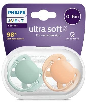 Philips Avent Lot de 2 sucettes ultra-douces sans BPA pour les bébés âgés de 0 à 6 mois, Vert/Orange (modèle SCF091/03)