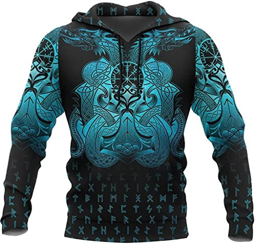 2022 Viking Thor's Hammer Hoodies Men's Rune 3D Print Long Sleeve Pullover Sweatshirt (Color : Blue, Size : XL)