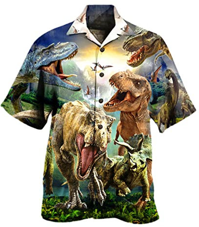 Chemise cubaine imprimée dinosaure 3D hawaïenne plage vacances cool manches courtes pour homme femme, Zhx0477, S