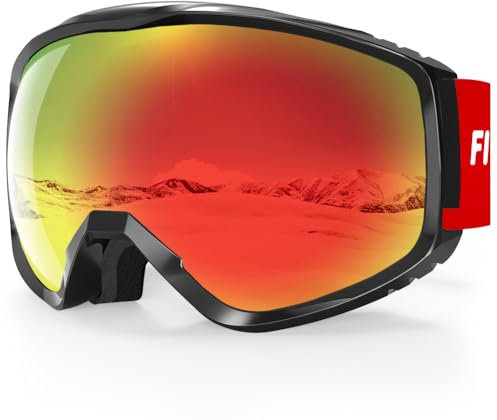 Findway Skibrille Erwachsene für Herren Damen, Snowboardbrille für Brillenträger, OTG UV-Schutz Kompatibler Helm Anti Fog Skibrillen, Rot Sphärisch Verspiegelt